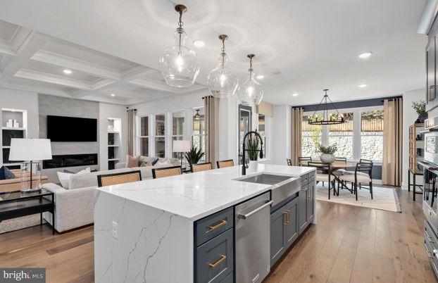 Dining room, Fireplace, Interior, Kitchen, Living room, Pendant Lights, Recessed Lighting, Stainless Steel Appliances, Wood Texture Flooring
