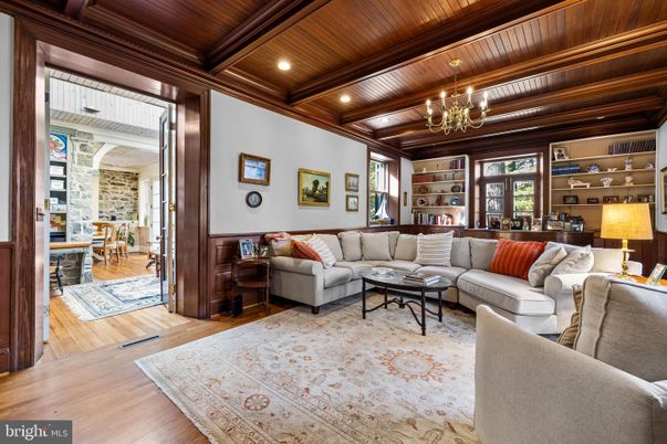 Chandelier, Dining room, Interior, Living room, Recessed Lighting, Wooden Beams, Wooden Ceilings, Wood Texture Flooring