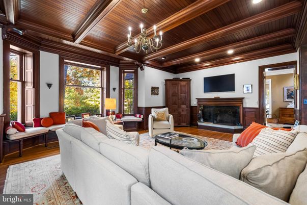 Chandelier, Fireplace, Interior, Living room, Recessed Lighting, Wooden Beams, Wooden Ceilings, Wood Texture Flooring