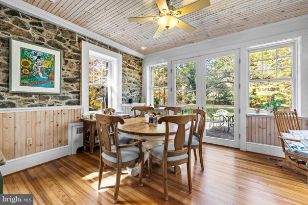 Dining room, Interior, Recessed Lighting, Stone Walls, Wood Texture Flooring