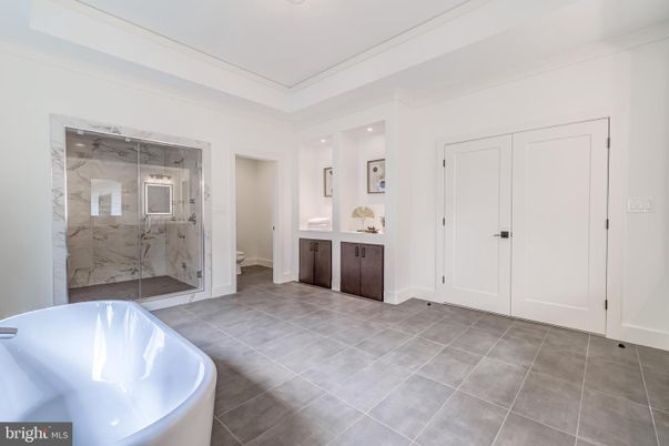 Bathroom, Free Standing Baths, Glass Shower, Interior, Marble Walls, Recessed Lighting