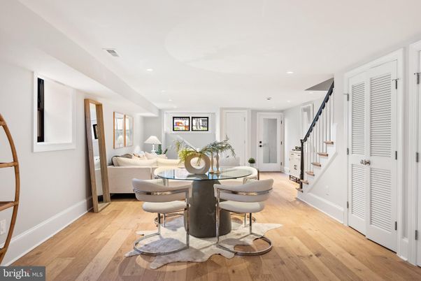 Dining room, Interior, Living room, Recessed Lighting, Wood Texture Flooring