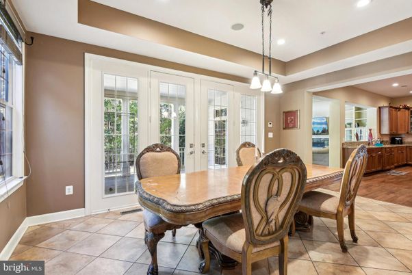 Dining room, Interior, Pendant Lights, Recessed Lighting, Wood Texture Flooring