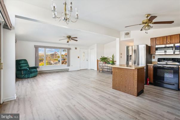 Chandelier, Interior, Kitchen, Stainless Steel Appliances, Wood Texture Flooring