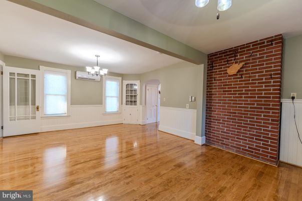 Chandelier, Empty room, Interior, Stone Walls, Wood Texture Flooring