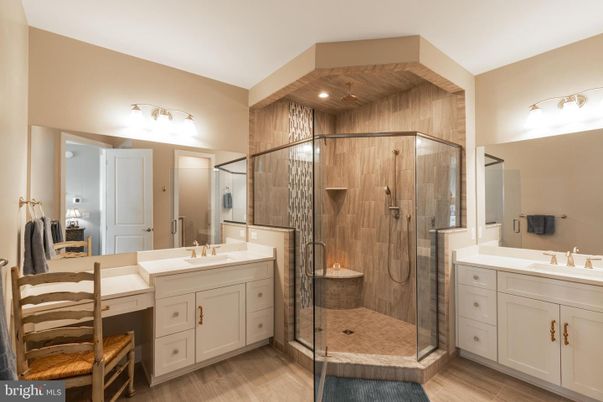 Bathroom, Dual Sink Vanities, Glass Shower, Interior, Wood Texture Flooring