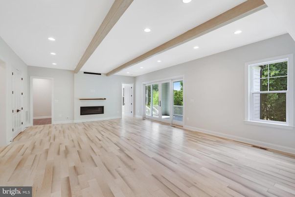 Empty room, Fireplace, Interior, Recessed Lighting, Wooden Beams, Wood Texture Flooring