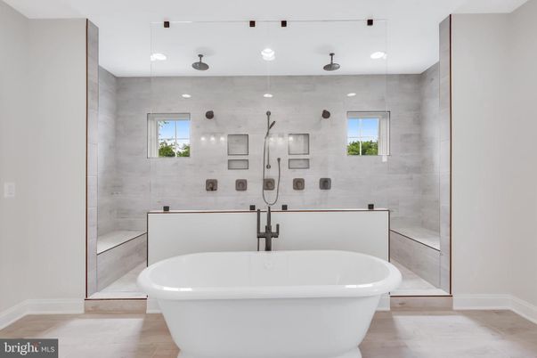 Bathroom, Free Standing Baths, Glass Shower, Interior, Recessed Lighting