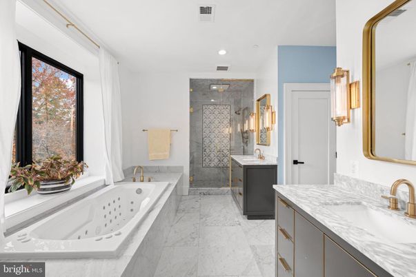 Bathroom, Dual Sink Vanities, Glass Shower, Interior, Marble, Recessed Lighting