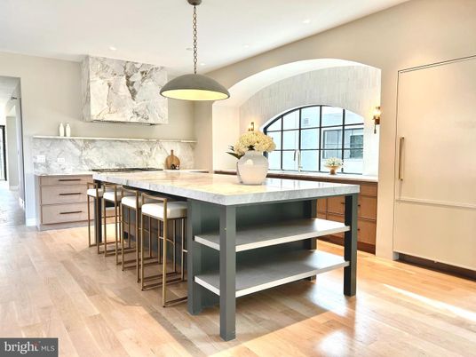 Interior, Kitchen, Marble Walls, Pendant Lights, Recessed Lighting, Wood Texture Flooring
