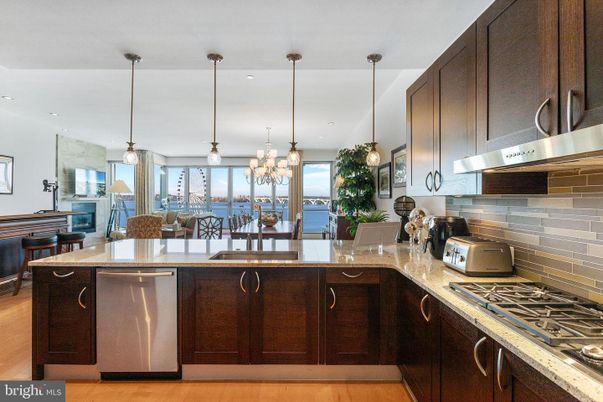 Interior, Kitchen, Pendant Lights, Recessed Lighting, Stainless Steel Appliances, Water, Wood Texture Flooring