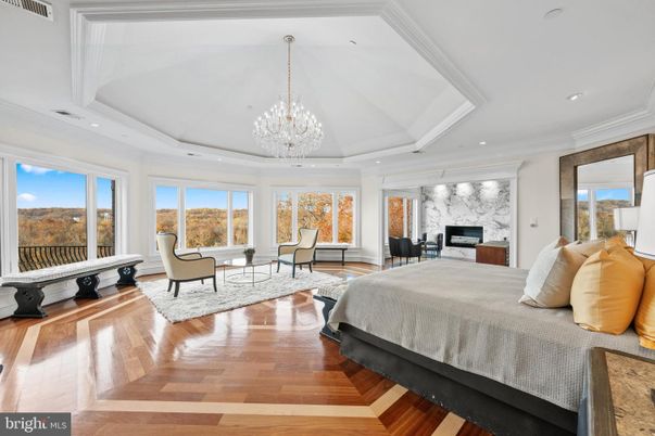 Bedroom, Chandelier, Dining room, Fireplace, Interior, Recessed Lighting, Wood Texture Flooring