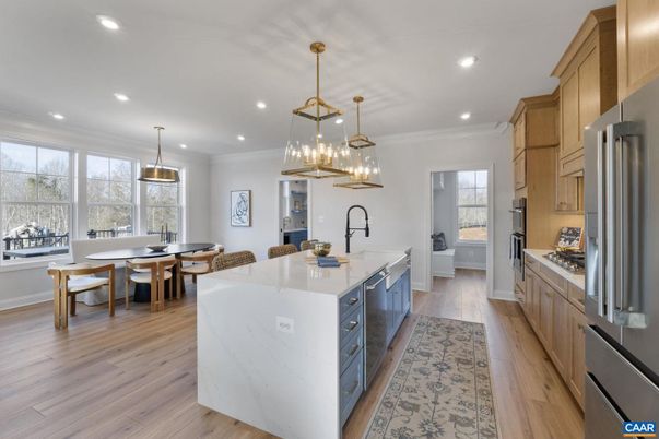 Dining room, Interior, Kitchen, Pendant Lights, Recessed Lighting, Stainless Steel Appliances, Wood Texture Flooring
