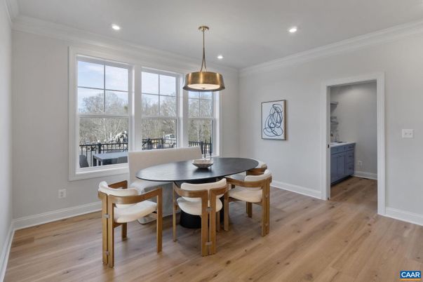 Dining room, Interior, Pendant Lights, Recessed Lighting, Wood Texture Flooring