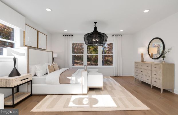 Bedroom, Chandelier, Interior, Recessed Lighting, Wood Texture Flooring
