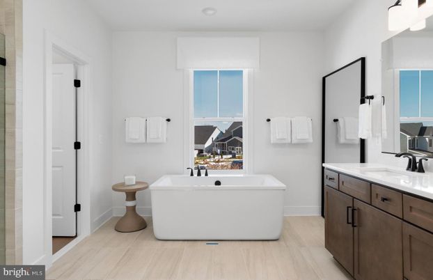 Bathroom, Dual Sink Vanities, Free Standing Baths, Interior, Recessed Lighting, Wood Texture Flooring