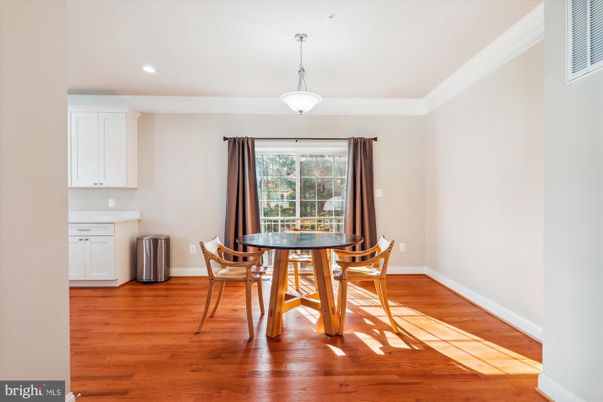 Dining room, Interior, Pendant Lights, Recessed Lighting, Wood Texture Flooring