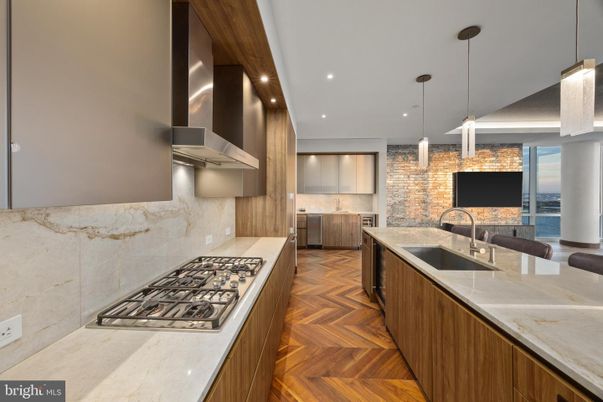 Interior, Kitchen, Pendant Lights, Recessed Lighting, Stone Walls, Wood Texture Flooring
