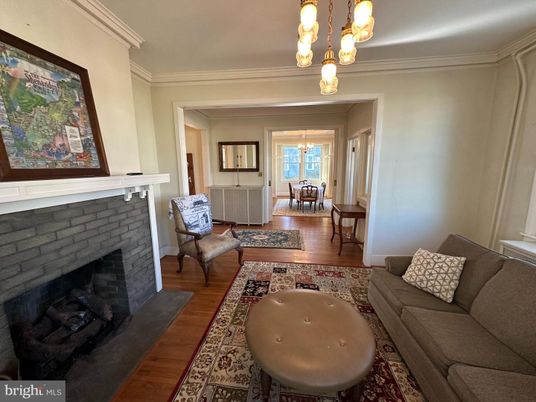 Dining room, Fireplace, Interior, Living room, Pendant Lights, Wood Texture Flooring