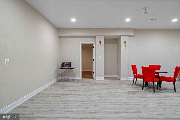 Dining room, Interior, Recessed Lighting, Wood Texture Flooring