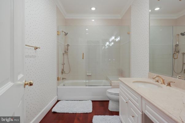 Bathroom, Glass Shower, Interior, Recessed Lighting, Wood Texture Flooring