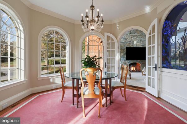 Chandelier, Dining room, Fireplace, Interior, Stone Walls