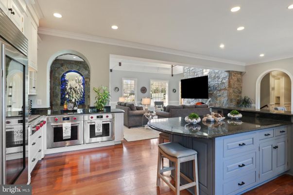 Interior, Kitchen, Living room, Recessed Lighting, Stone Walls, Wood Texture Flooring