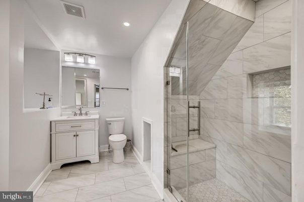 Bathroom, Glass Shower, Interior, Marble, Marble Walls, Recessed Lighting