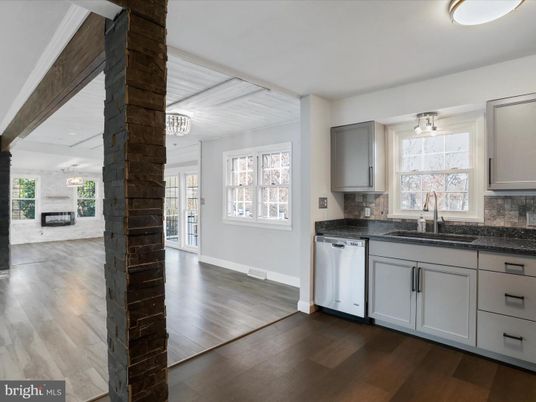 Chandelier, Fireplace, Interior, Kitchen, Pendant Lights, Wood Texture Flooring