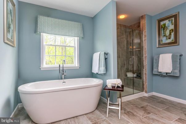 Bathroom, Free Standing Baths, Glass Shower, Interior, Recessed Lighting, Wood Texture Flooring