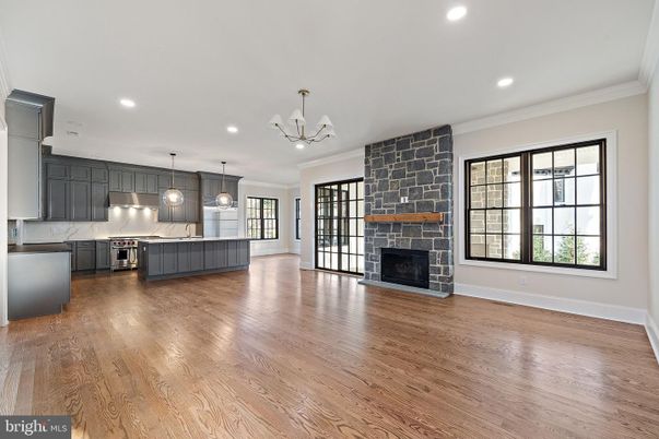 Fireplace, Interior, Kitchen, Pendant Lights, Recessed Lighting, Stainless Steel Appliances, Stone Walls, Wood Texture Flooring