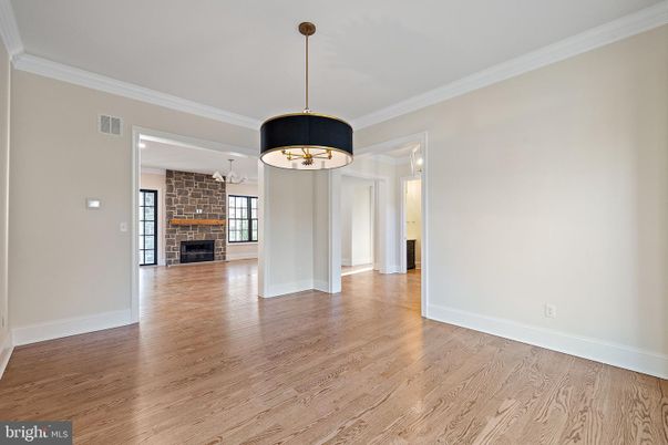 Empty room, Fireplace, Interior, Pendant Lights, Wood Texture Flooring