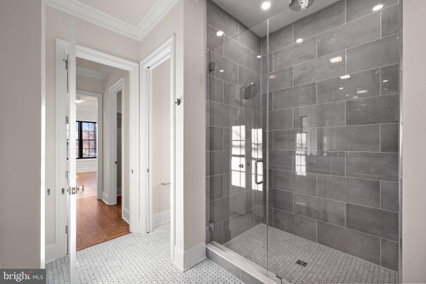 Bathroom, Glass Shower, Interior, Recessed Lighting, Wood Texture Flooring