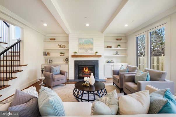 Fireplace, Interior, Living room, Recessed Lighting, Wood Texture Flooring
