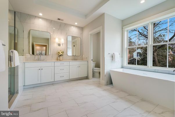 Bathroom, Dual Sink Vanities, Free Standing Baths, Interior, Marble, Recessed Lighting