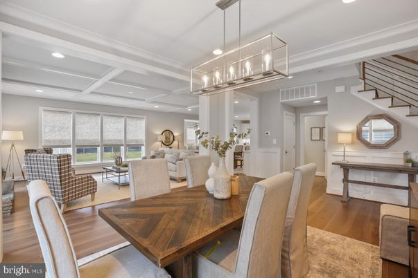 Dining room, Interior, Living room, Pendant Lights, Recessed Lighting, Wood Texture Flooring
