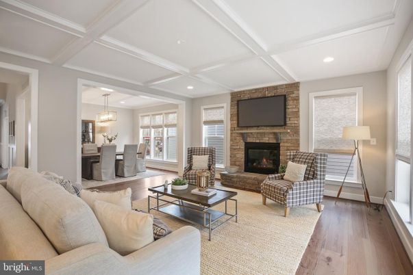 Dining room, Fireplace, Interior, Kitchen, Living room, Pendant Lights, Recessed Lighting, Stone Walls, Wood Texture Flooring