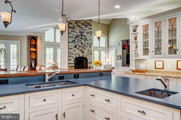 Fireplace, Interior, Kitchen, Pendant Lights, Recessed Lighting, Stone Walls