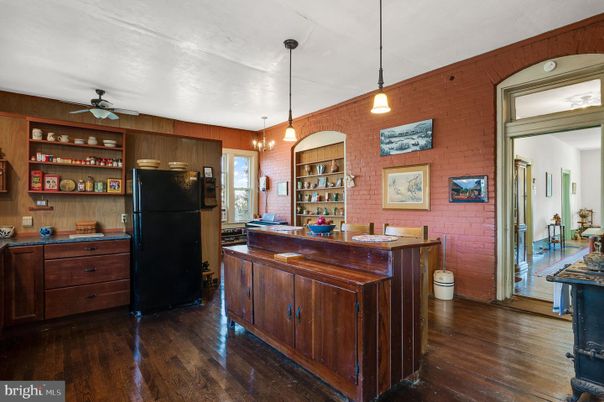 Interior, Kitchen, Pendant Lights, Stone Walls, Wood Texture Flooring, Wooden Walls