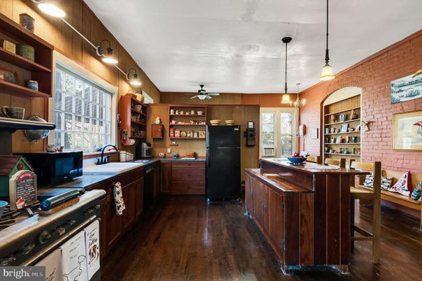 Interior, Kitchen, Pendant Lights, Stone Walls, Wood Texture Flooring, Wooden Walls
