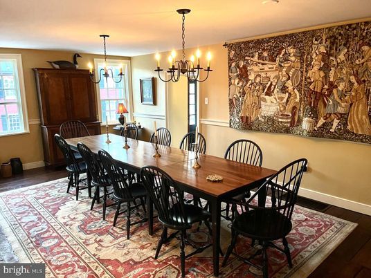 Chandelier, Dining room, Interior, Wood Texture Flooring