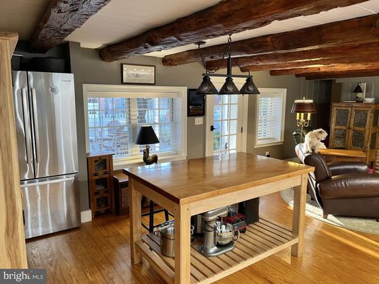 Dining room, Interior, Kitchen, Pendant Lights, Stainless Steel Appliances, Wooden Beams, Wood Texture Flooring