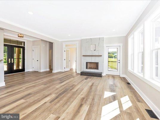 Empty room, Fireplace, Interior, Recessed Lighting, Wood Texture Flooring