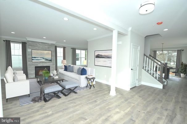 Chandelier, Fireplace, Interior, Living room, Recessed Lighting, Wood Texture Flooring