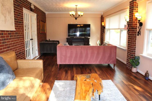 Chandelier, Interior, Living room, Stone Walls, Wood Texture Flooring