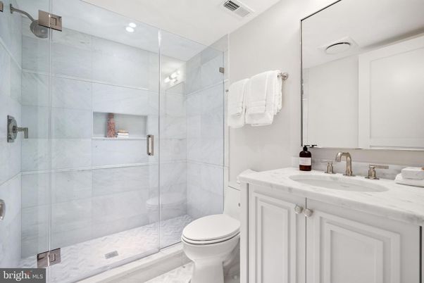 Bathroom, Glass Shower, Interior, Marble Walls, Recessed Lighting