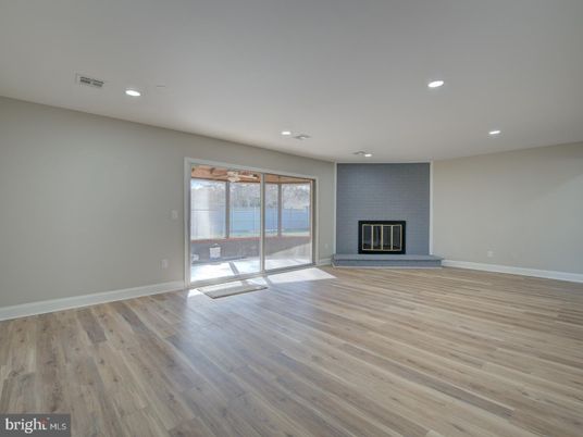 Empty room, Fireplace, Interior, Recessed Lighting, Wood Texture Flooring