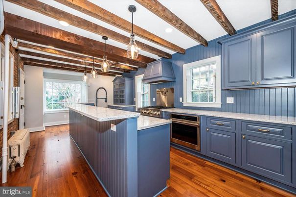 Interior, Kitchen, Pendant Lights, Recessed Lighting, Stainless Steel Appliances, Wooden Beams, Wood Texture Flooring