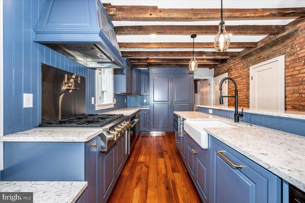 Interior, Kitchen, Pendant Lights, Stainless Steel Appliances, Stone Walls, Wooden Beams, Wood Texture Flooring