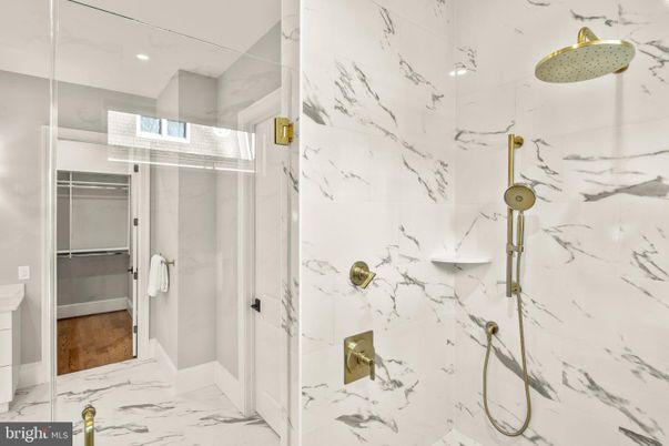 Bathroom, Glass Shower, Interior, Marble, Marble Walls, Recessed Lighting